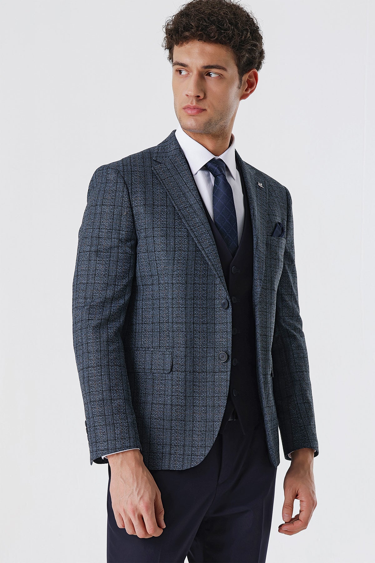 Slim-Fit Combine Vest Suit - Navy