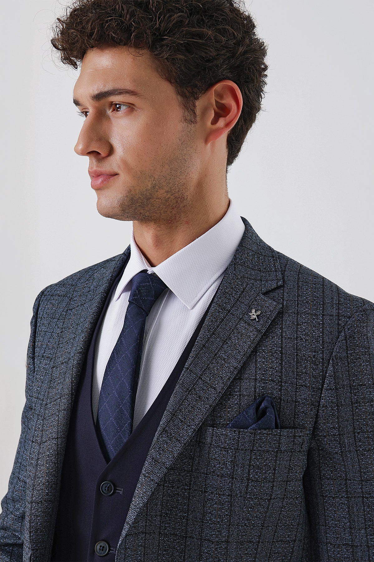 Slim-Fit Combine Vest Suit - Navy