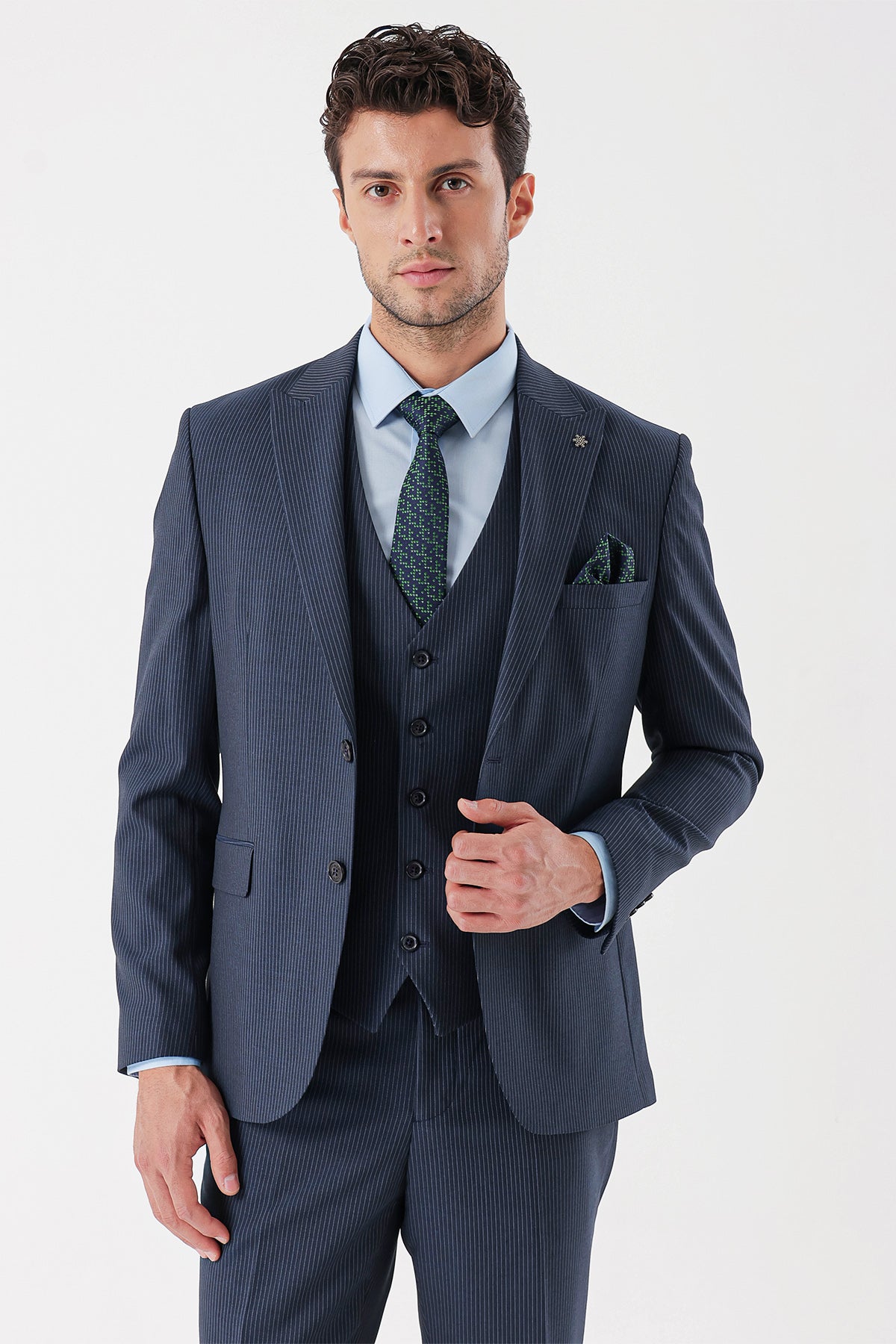 Slim-Fit Striped Vest Suit - Navy