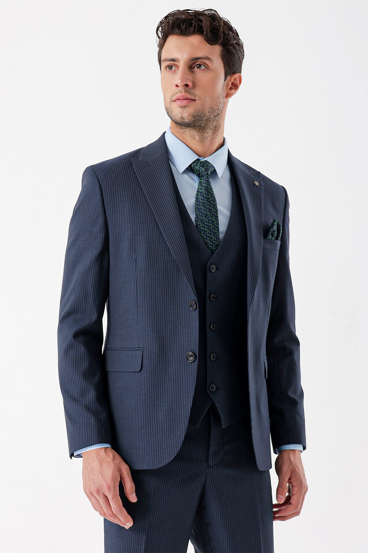 Slim-Fit Striped Vest Suit - Navy