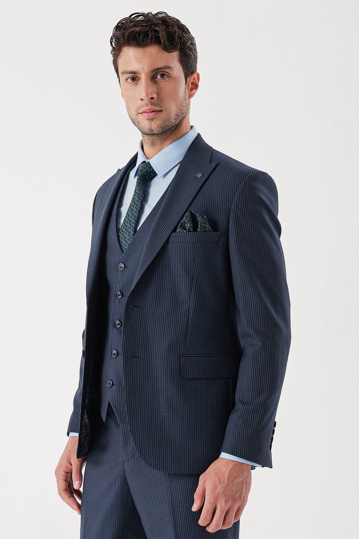 Slim-Fit Striped Vest Suit - Navy