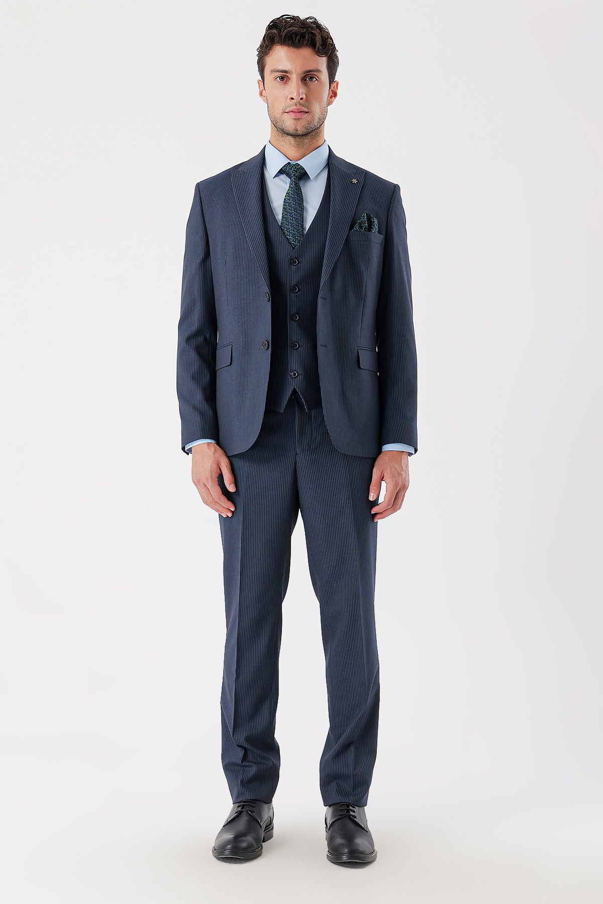 Slim-Fit Striped Vest Suit - Navy