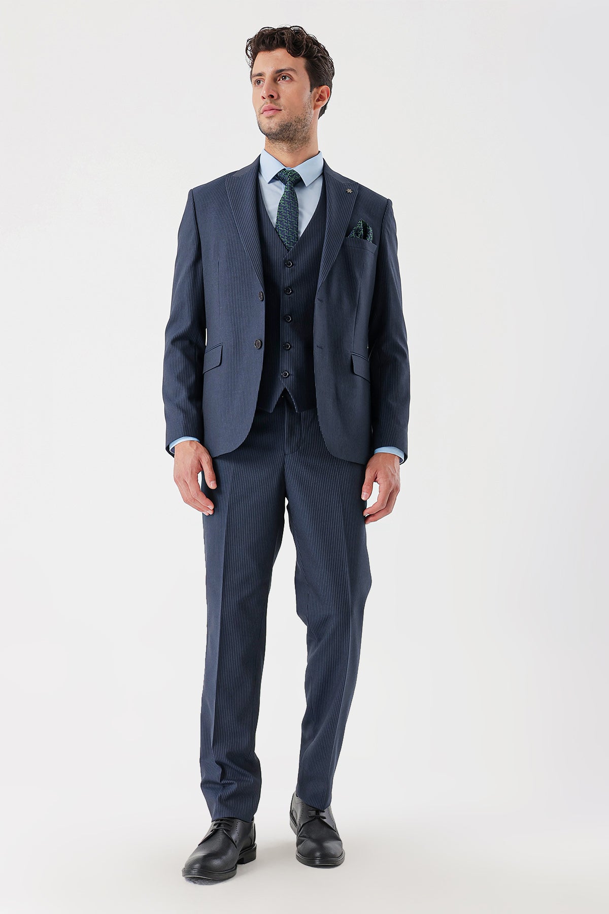 Slim-Fit Striped Vest Suit - Navy