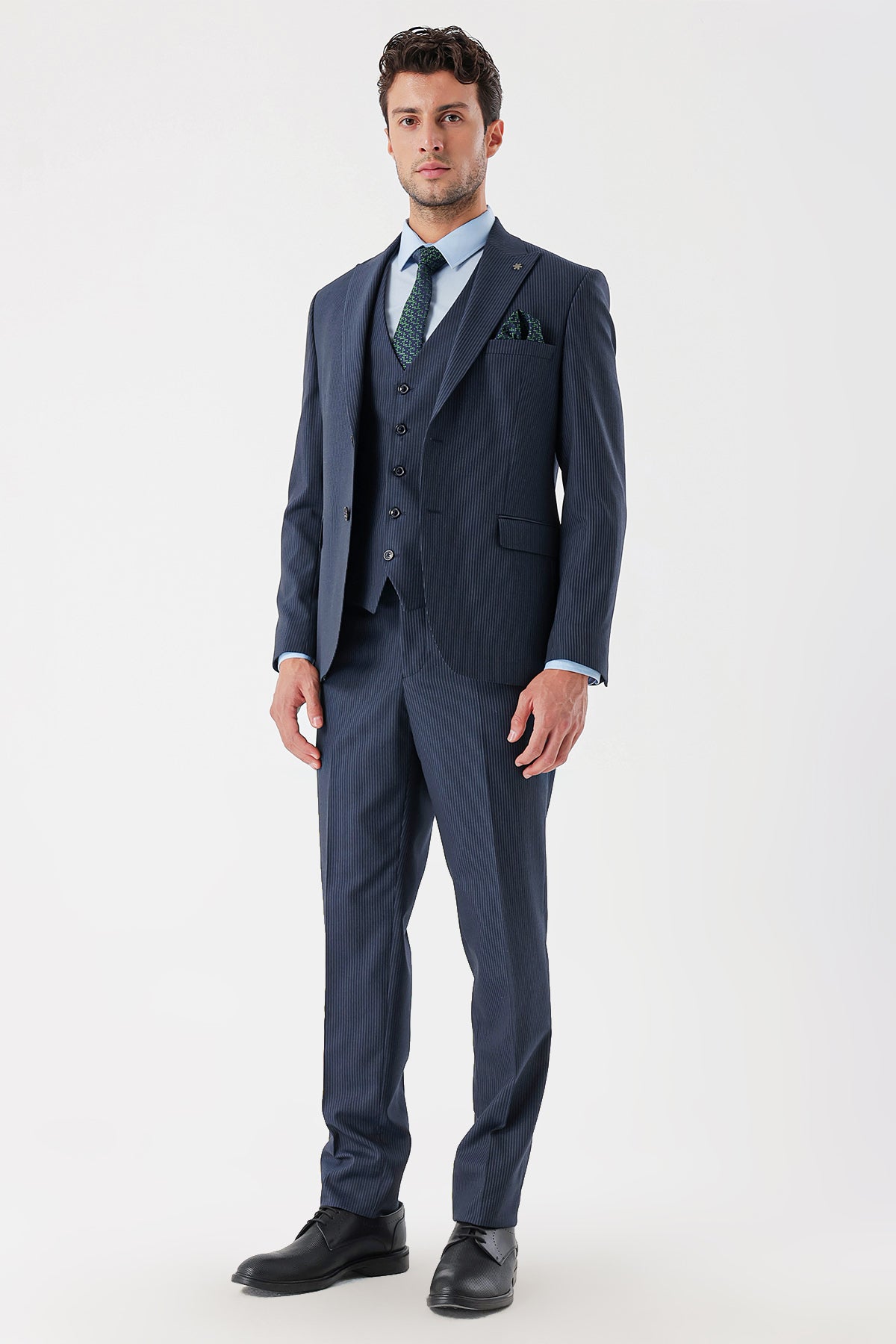 Slim-Fit Striped Vest Suit - Navy