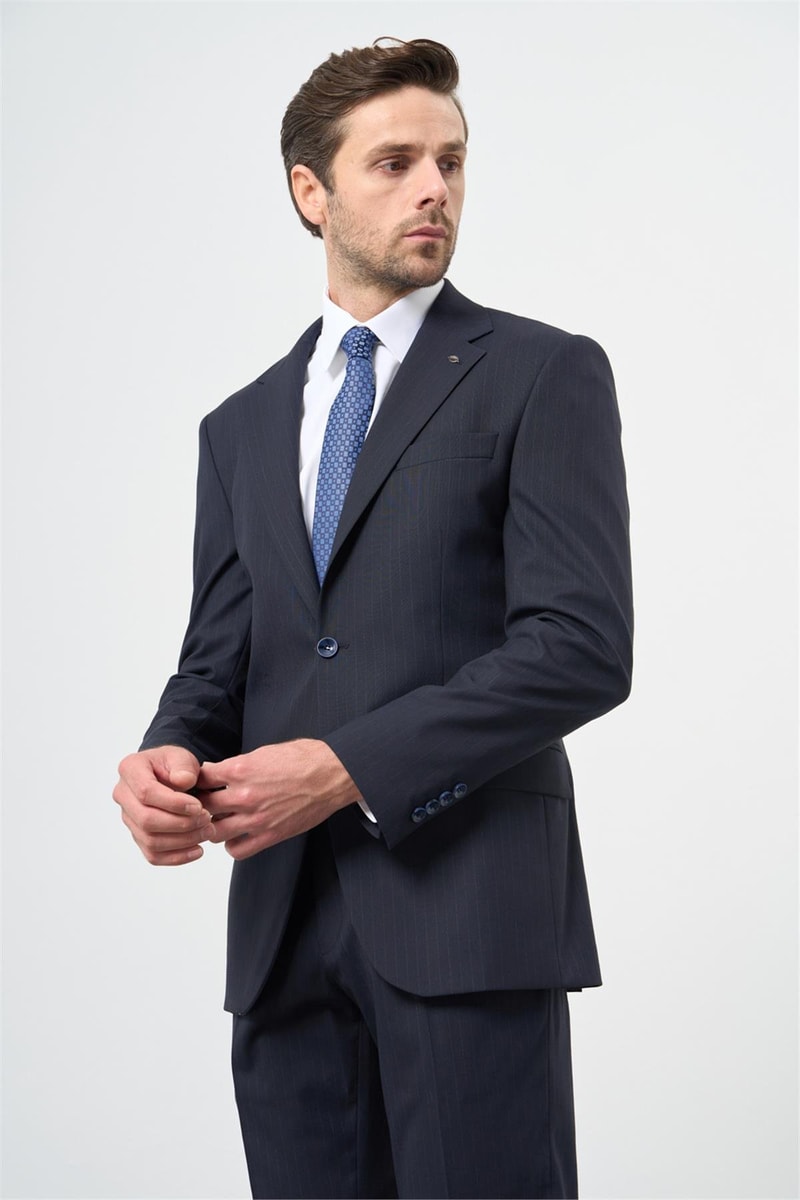 Slim-Fit Striped Vest Suit - Navy