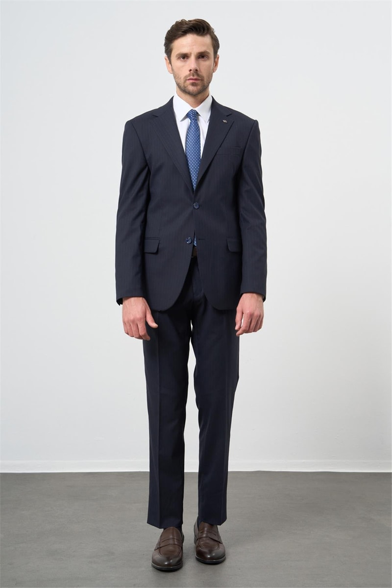 Slim-Fit Striped Vest Suit - Navy
