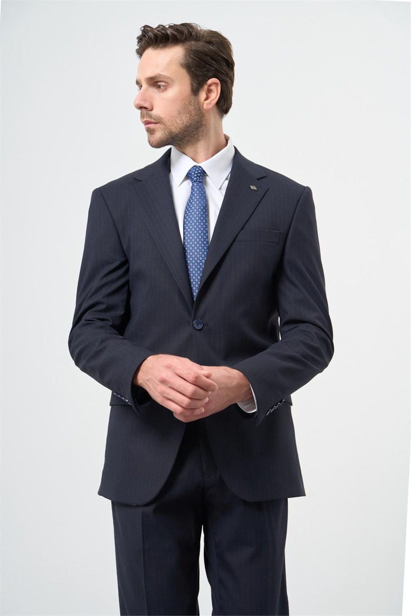 Slim-Fit Striped Vest Suit - Navy