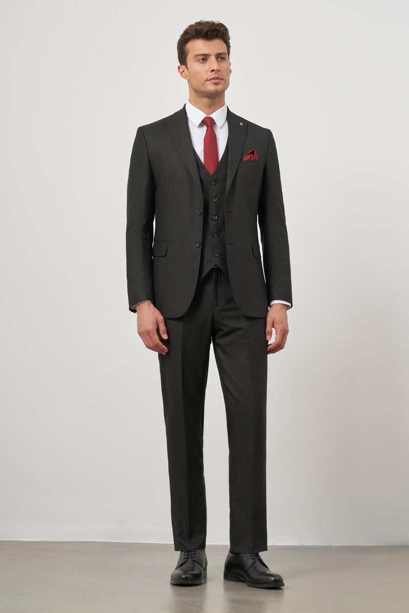 Slim-Fit Striped Vest Suit - Black