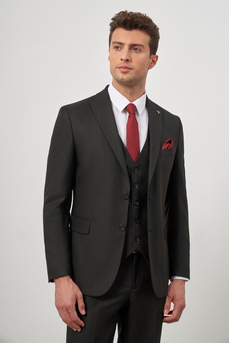 Slim-Fit Striped Vest Suit - Black