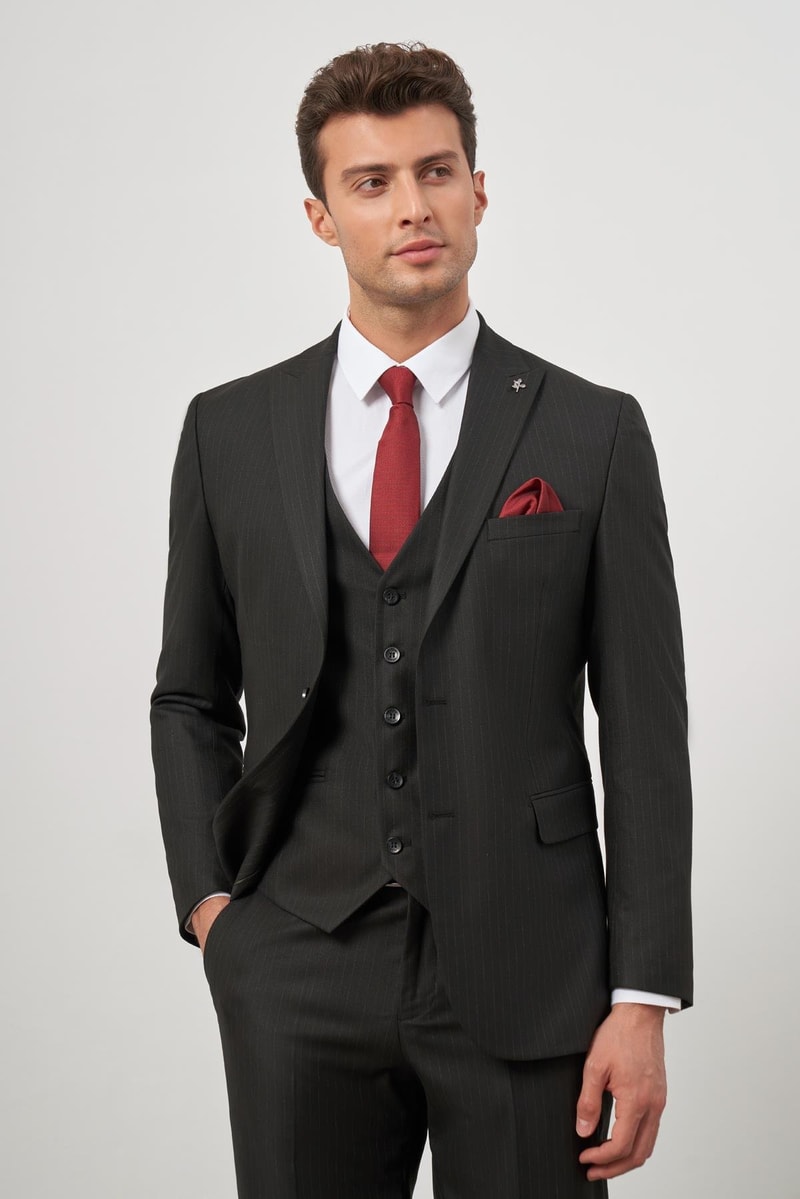 Slim-Fit Striped Vest Suit - Black