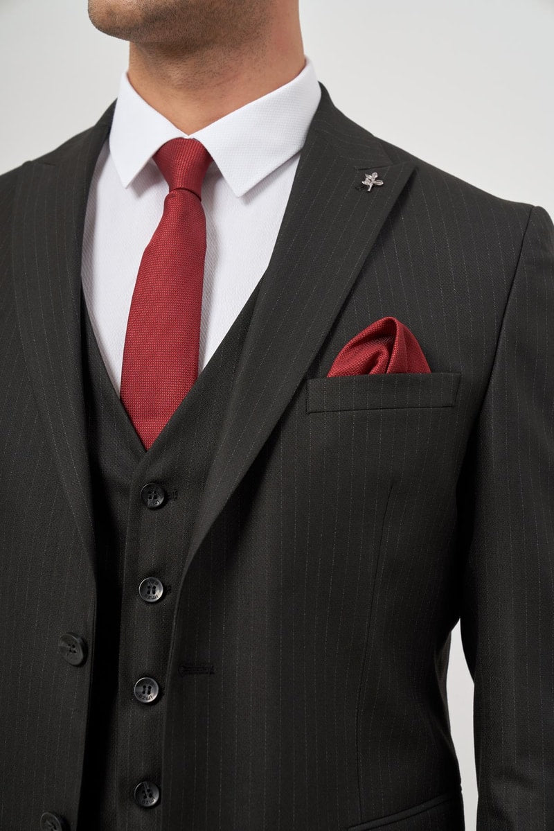 Slim-Fit Striped Vest Suit - Black