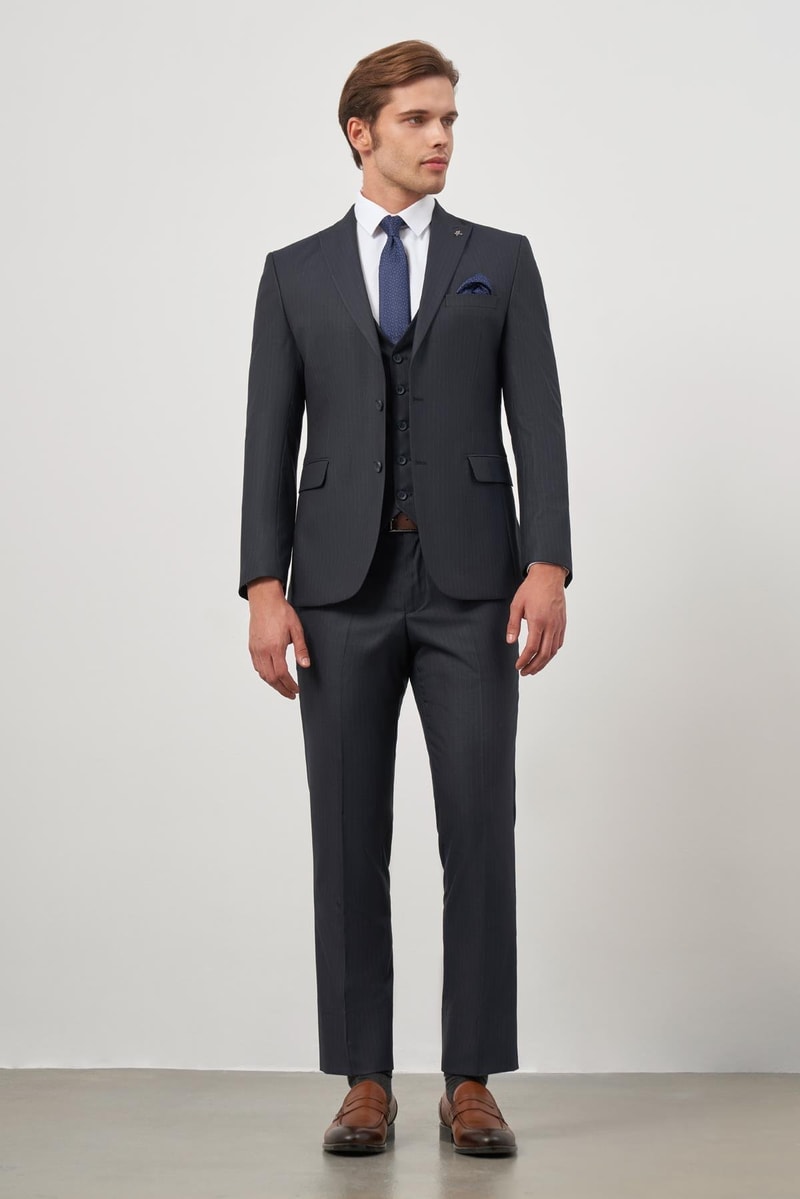 Slim-Fit Striped Vest Suit - Dark Navy