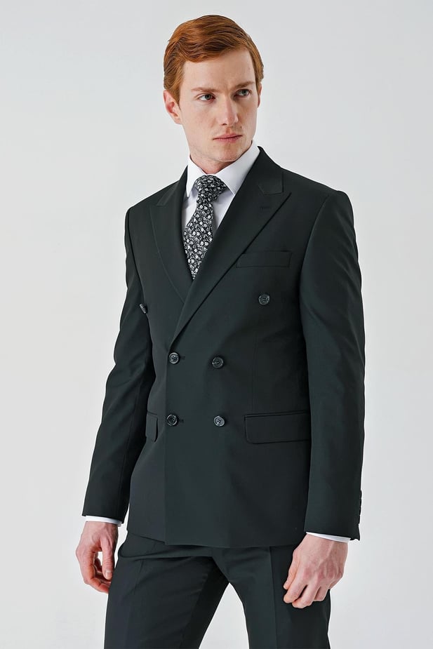 Slim-Fit Double-Breasted Suit - Black