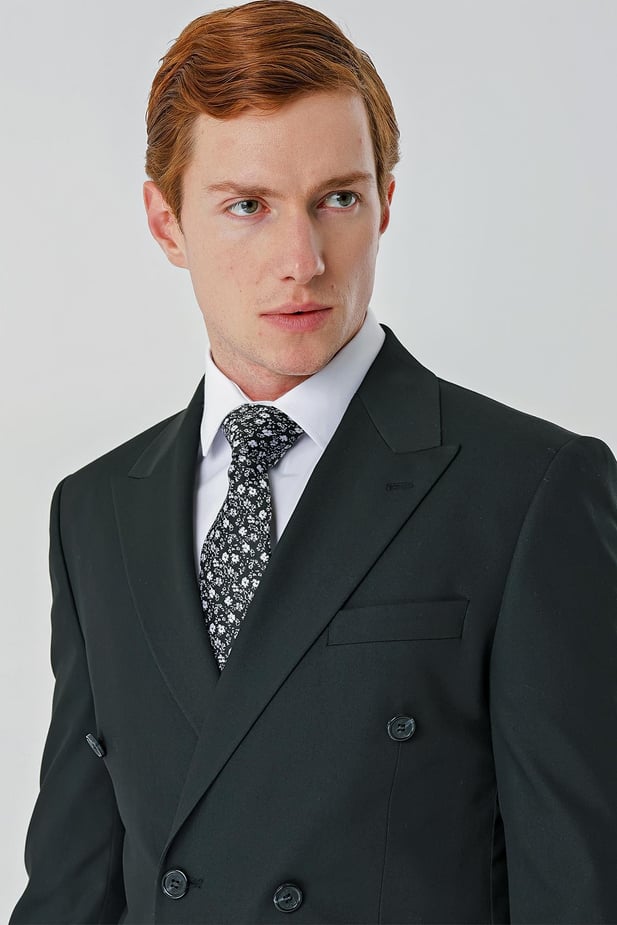 Slim-Fit Double-Breasted Suit - Black