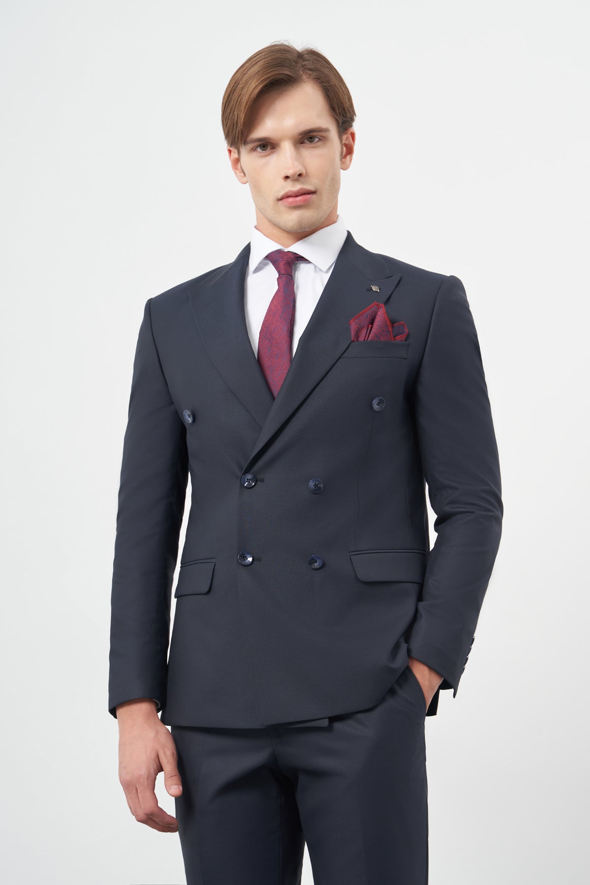 Slim-Fit Double Breasted Suit - Dark Navy