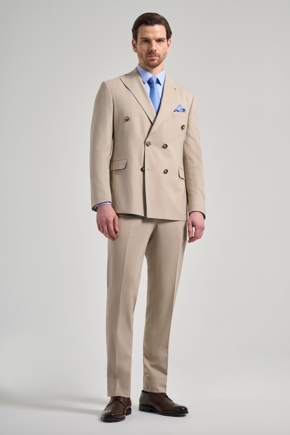 Slim-Fit Double Breasted Suit - Beige