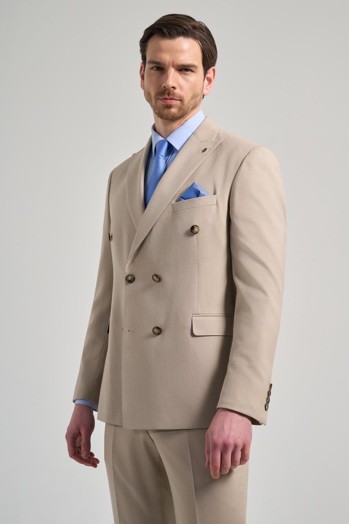 Slim-Fit Double Breasted Suit - Beige