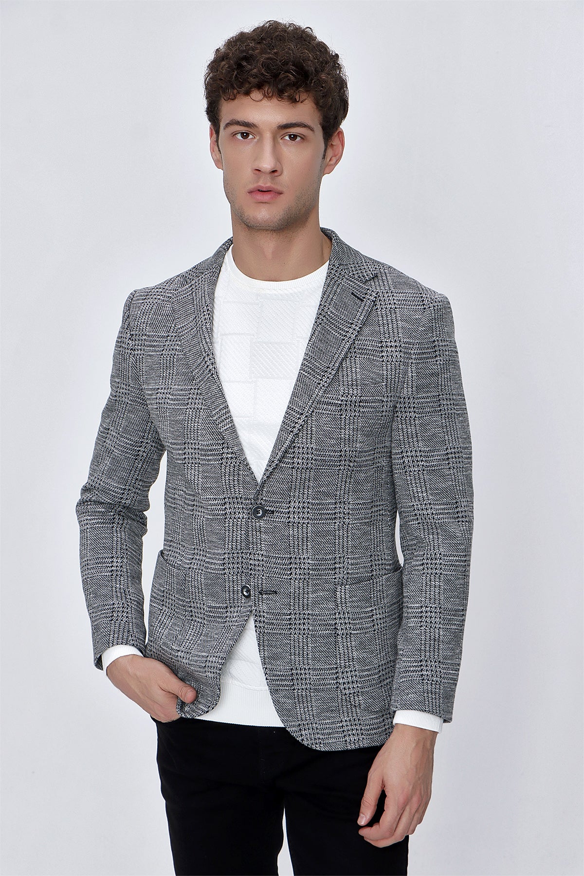 Slim-Fit Check Blazer - Grey