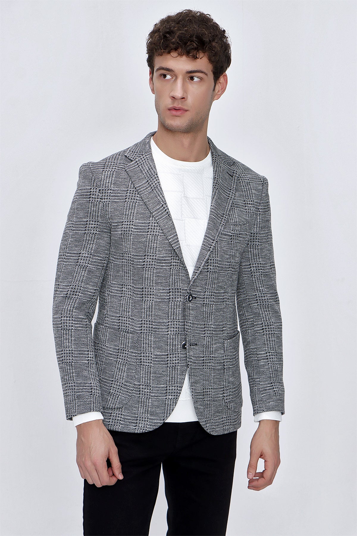 Slim-Fit Check Blazer - Grey