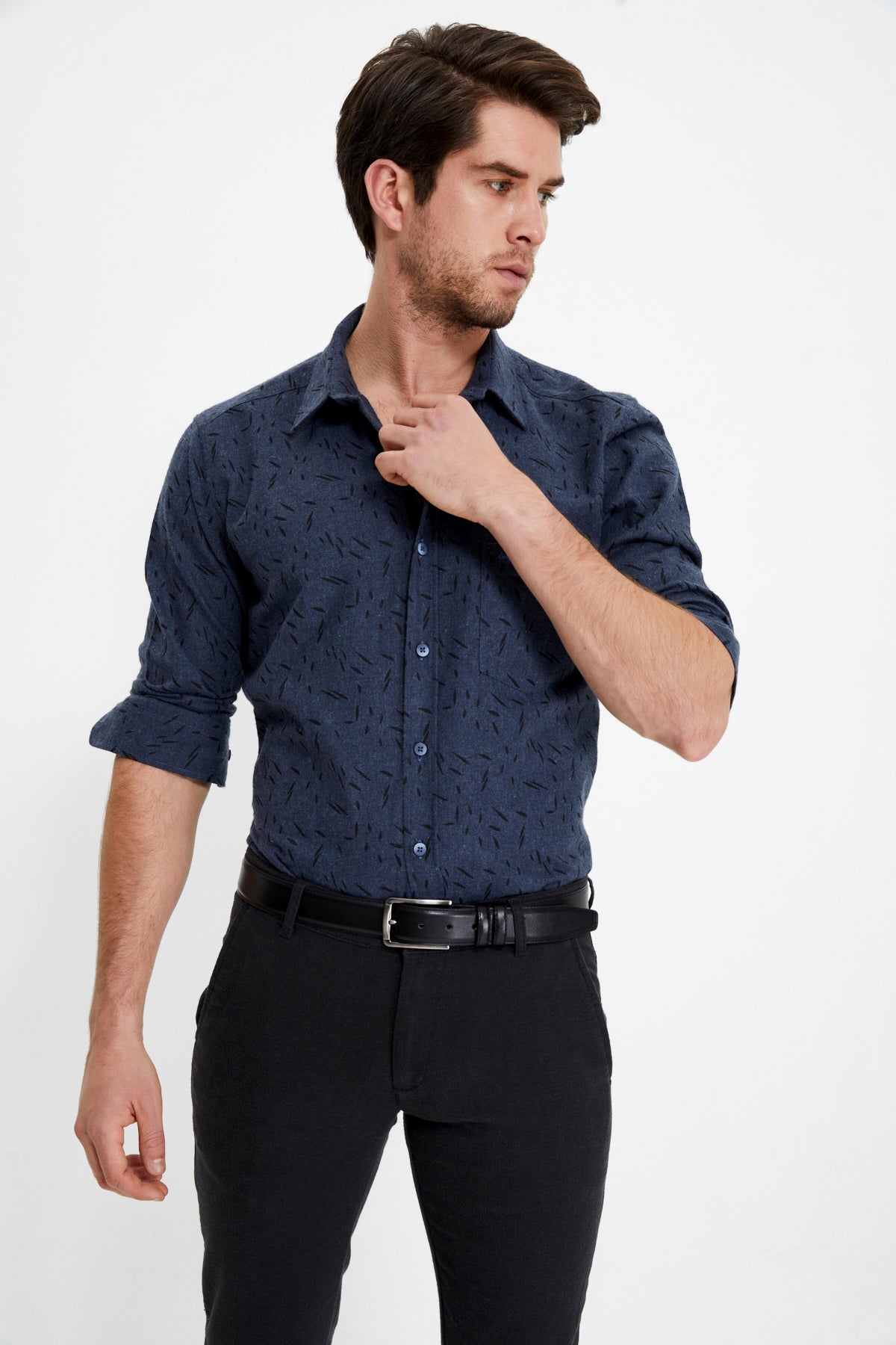 Slim-Fit Patterned Shirt - Navy