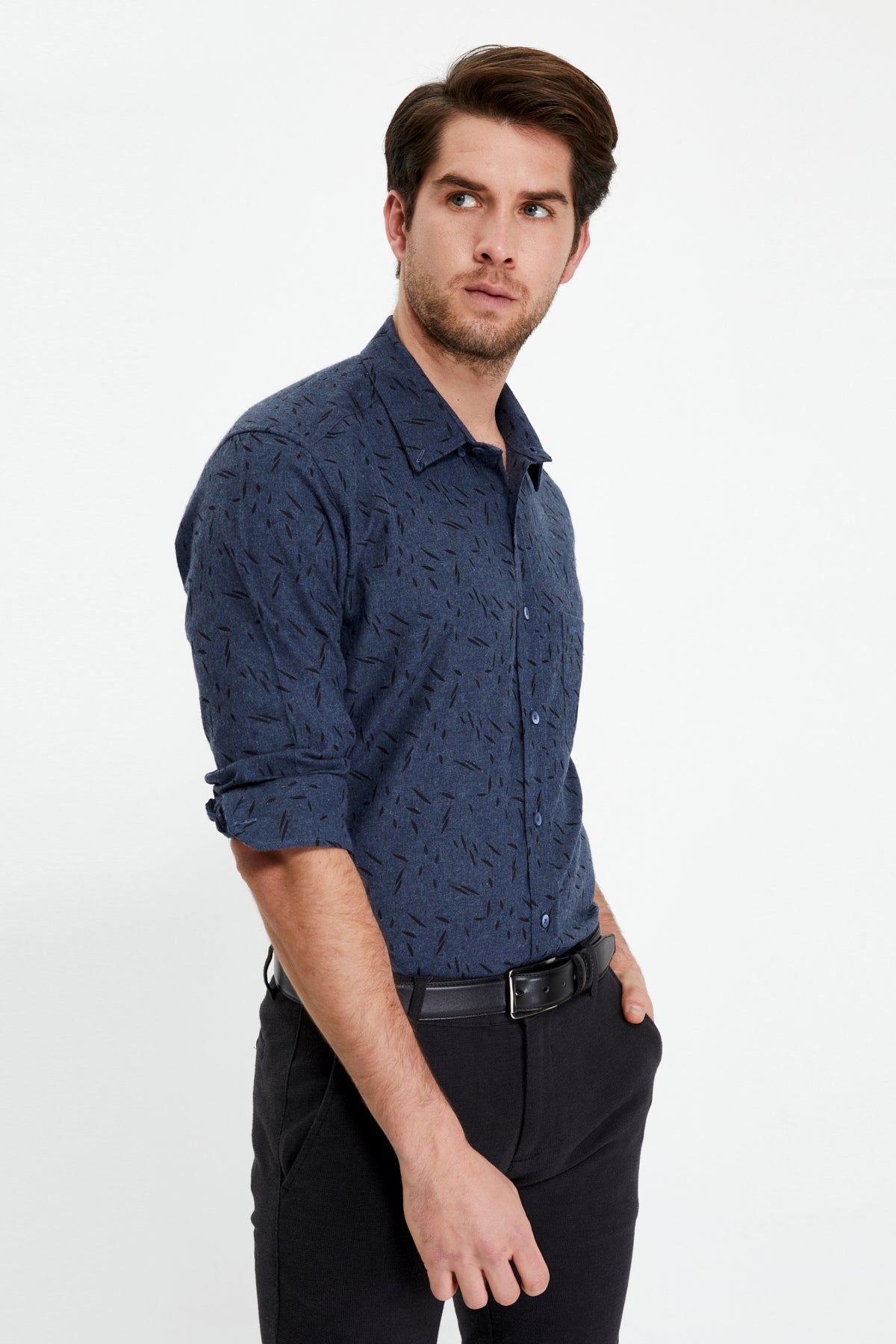 Slim-Fit Patterned Shirt - Navy