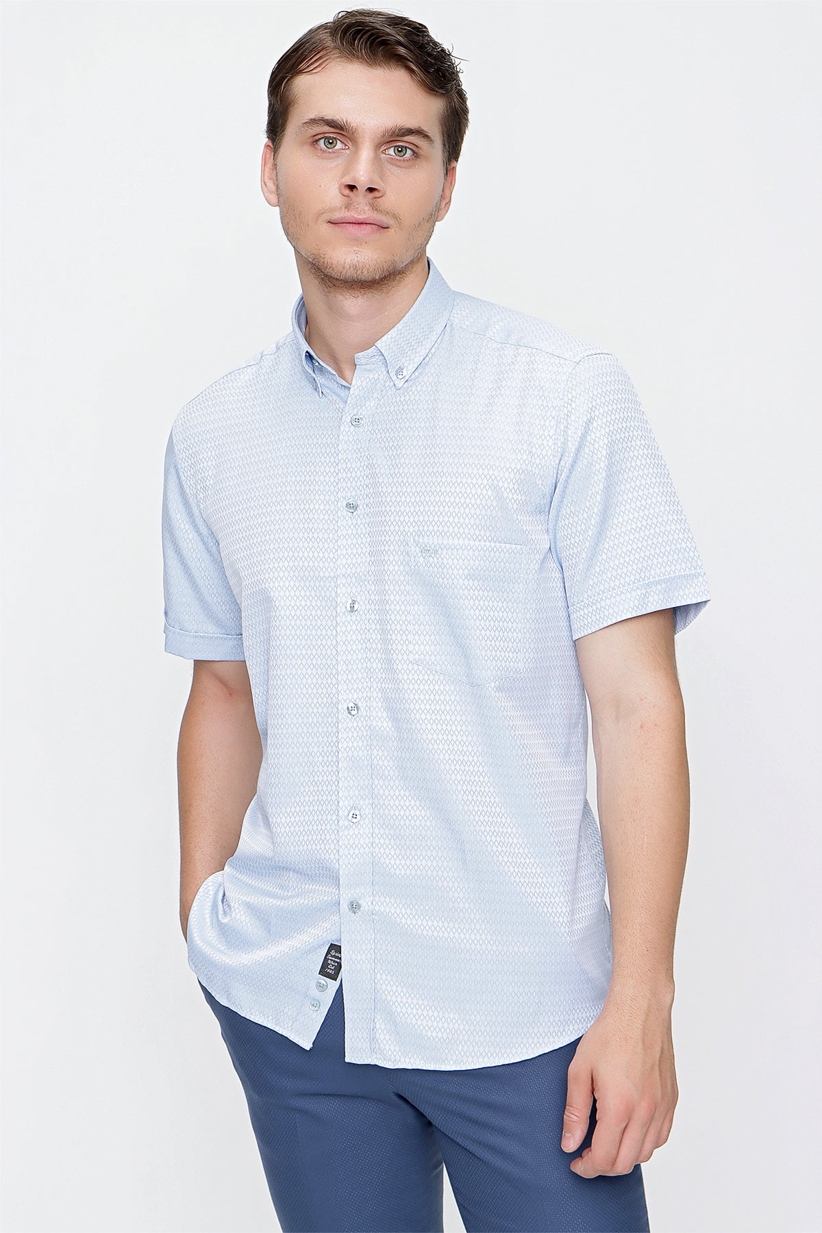 Comfort-Fit Short Sleeve Textured Shirt - Blue