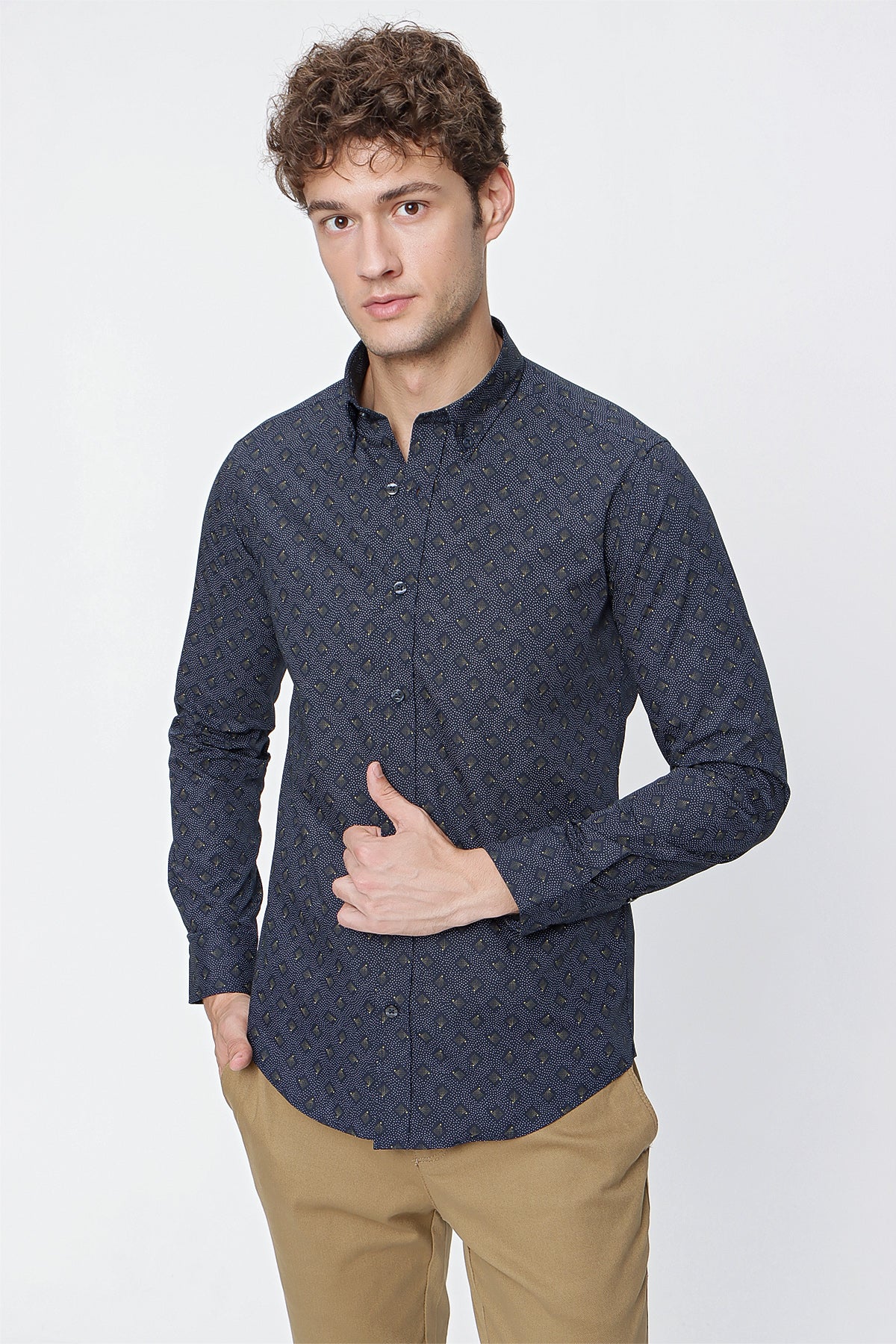 Slim-Fit Patterned Oxford Shirt - Yellow