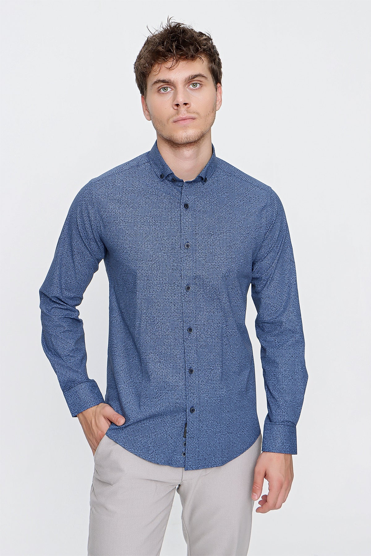 Slim-Fit Patterned Oxford Shirt - Navy