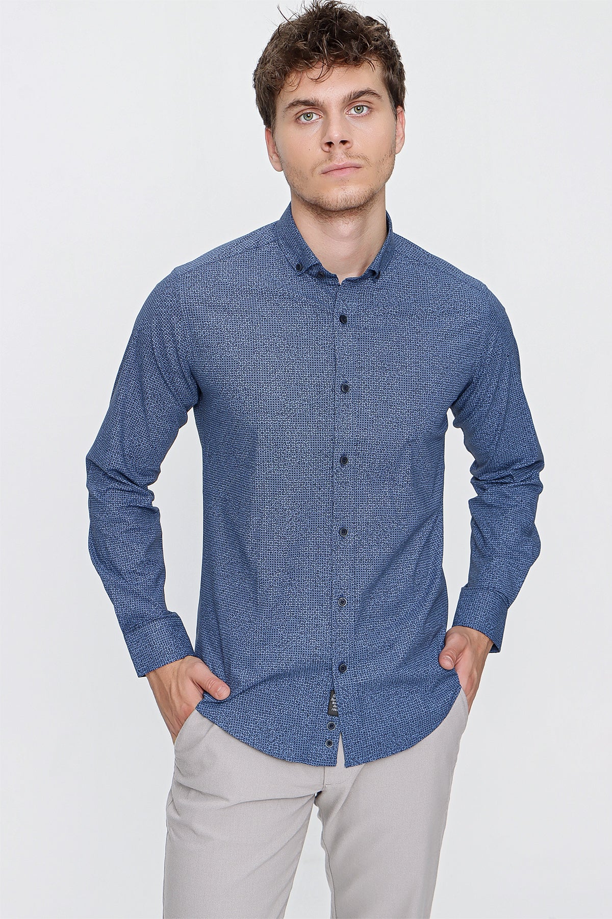 Slim-Fit Patterned Oxford Shirt - Navy