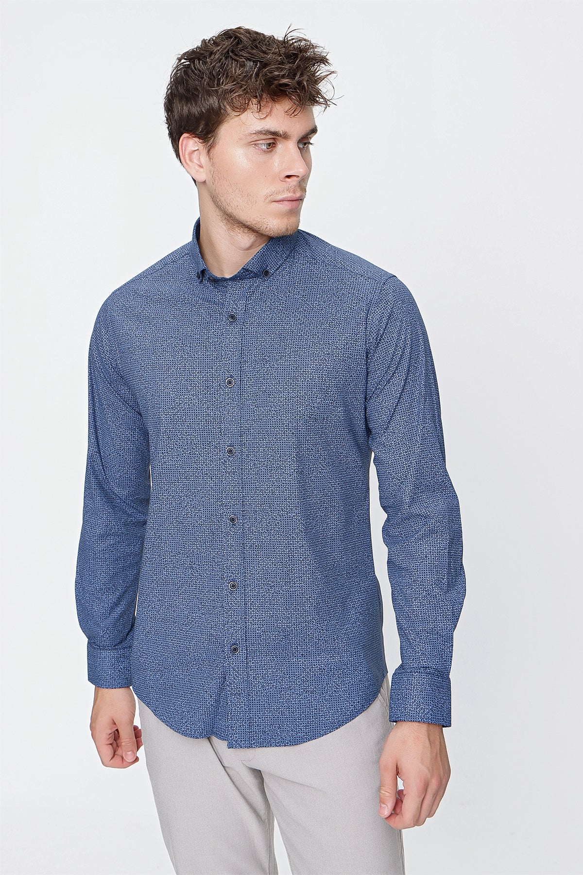 Slim-Fit Patterned Oxford Shirt - Navy