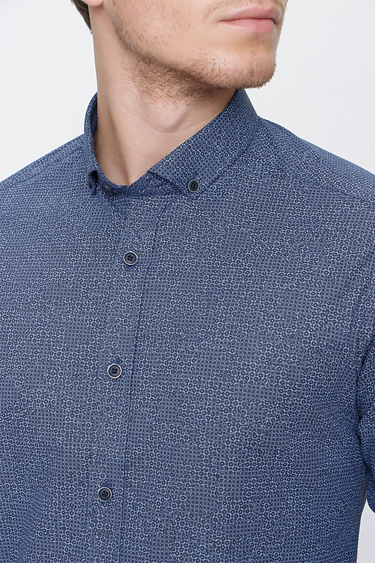 Slim-Fit Patterned Oxford Shirt - Navy