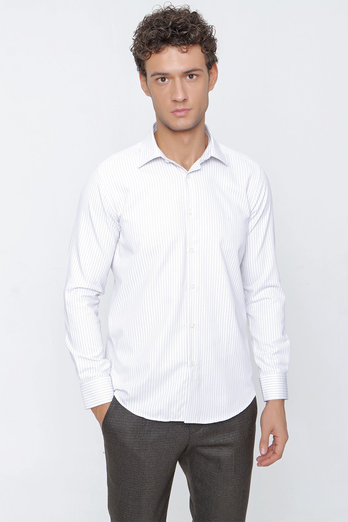 Slim-Fit Striped Shirt - Light Beige