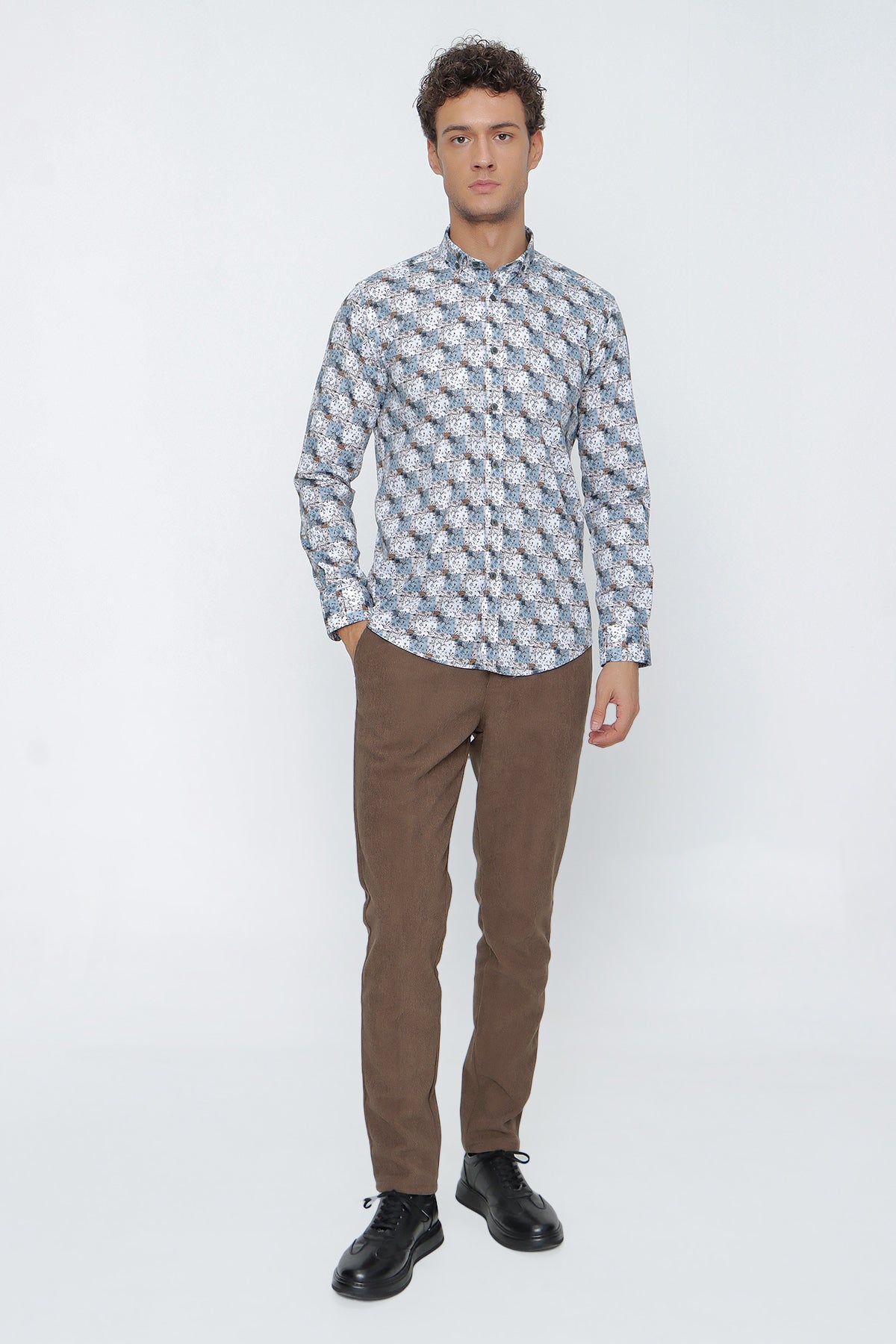 Slim-Fit Patterned Oxford Shirt - Begie