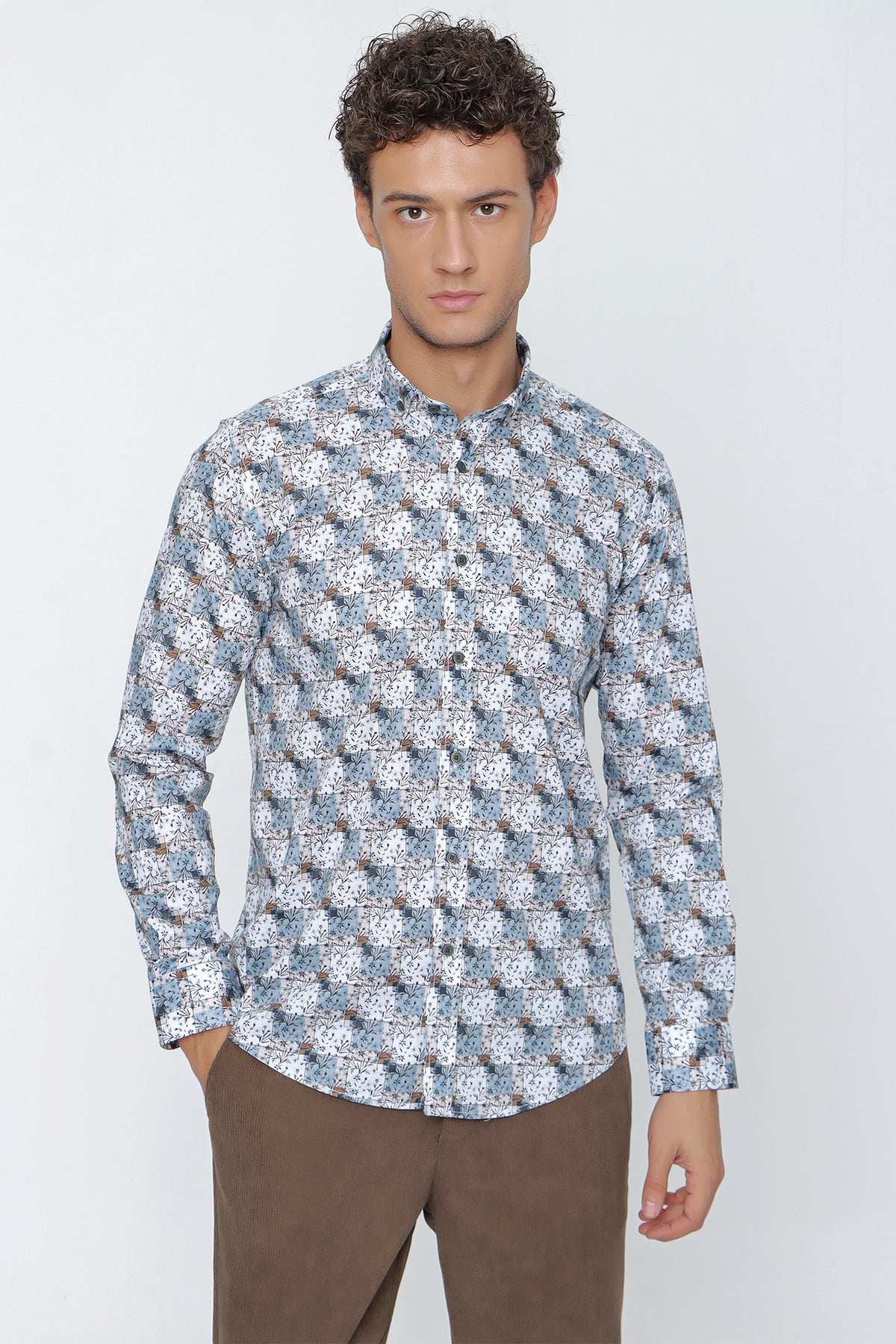 Slim-Fit Patterned Oxford Shirt - Begie