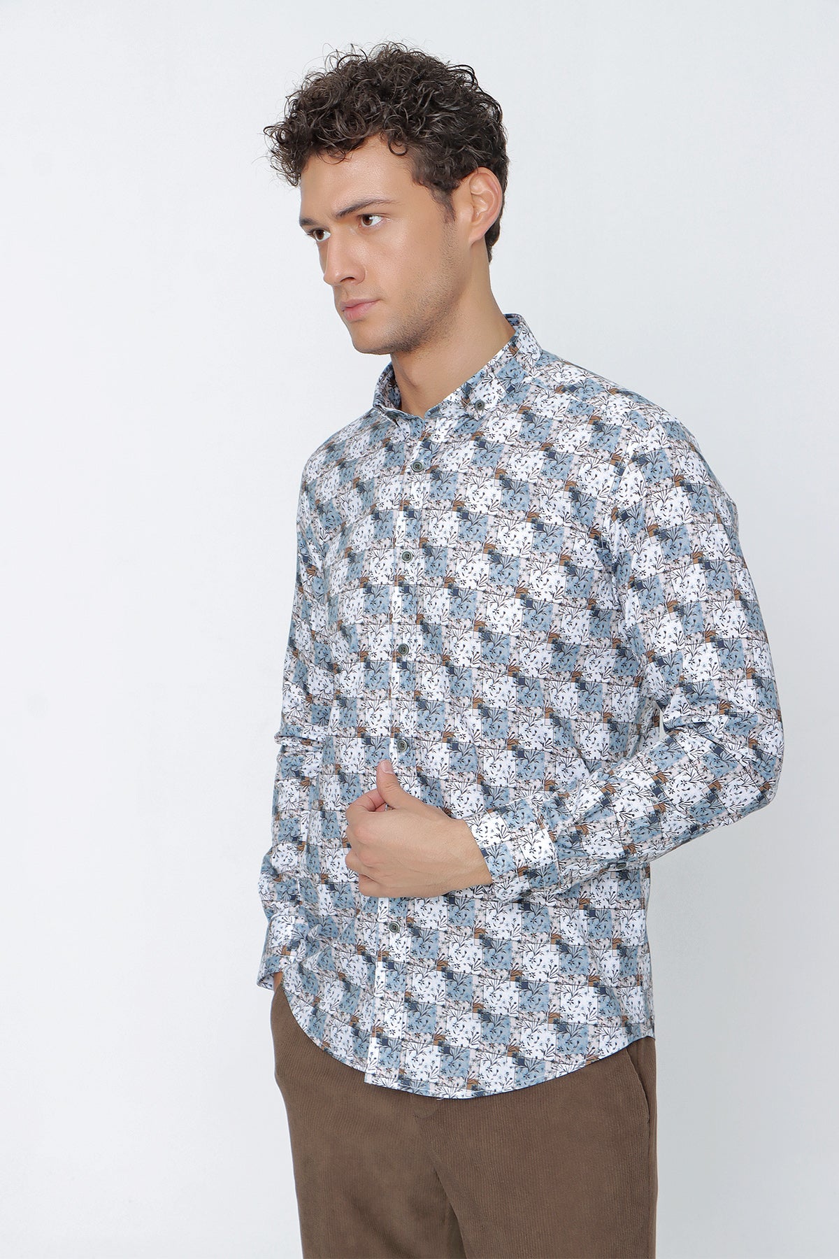 Slim-Fit Patterned Oxford Shirt - Begie