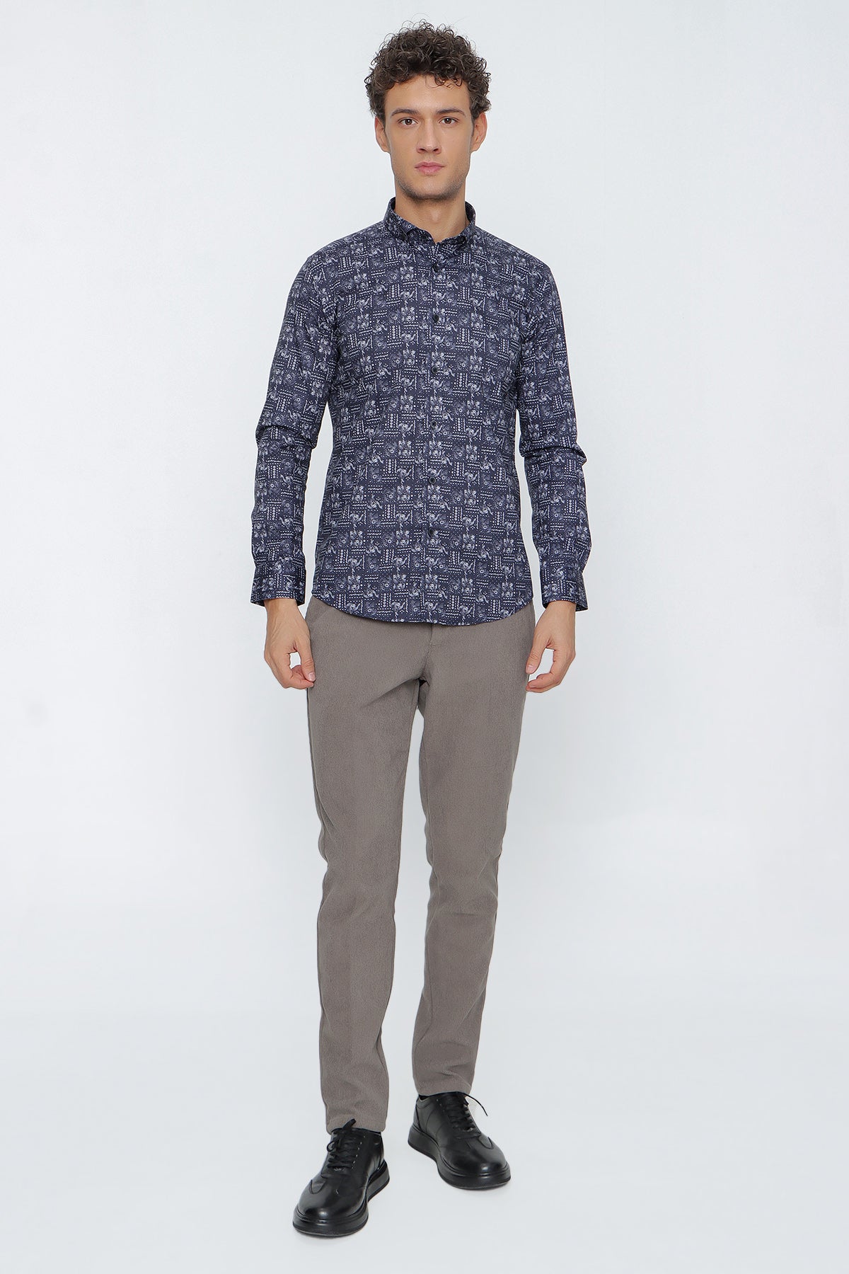 Slim-Fit Patterned Oxford Shirt - Navy