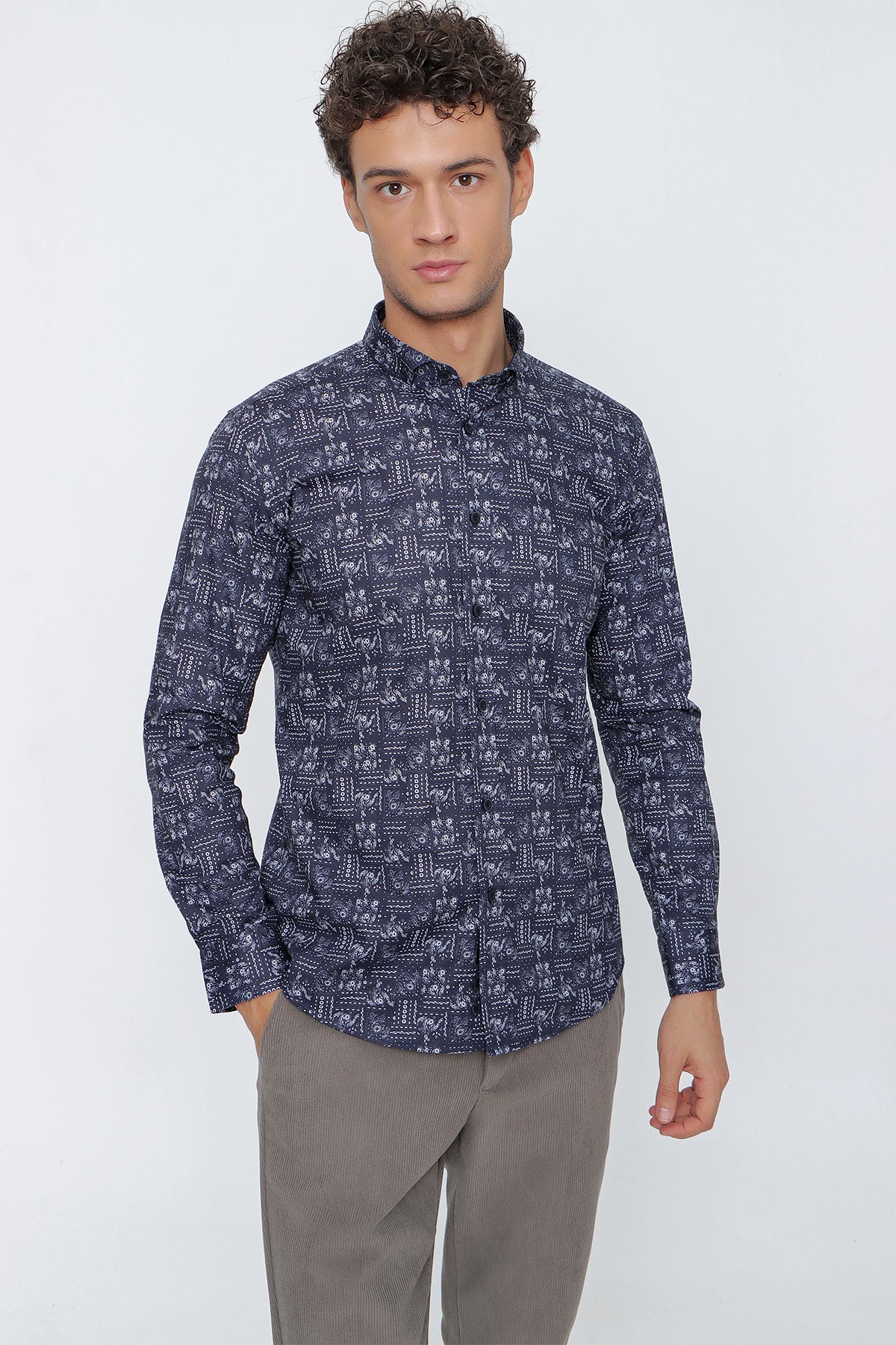 Slim-Fit Patterned Oxford Shirt - Navy