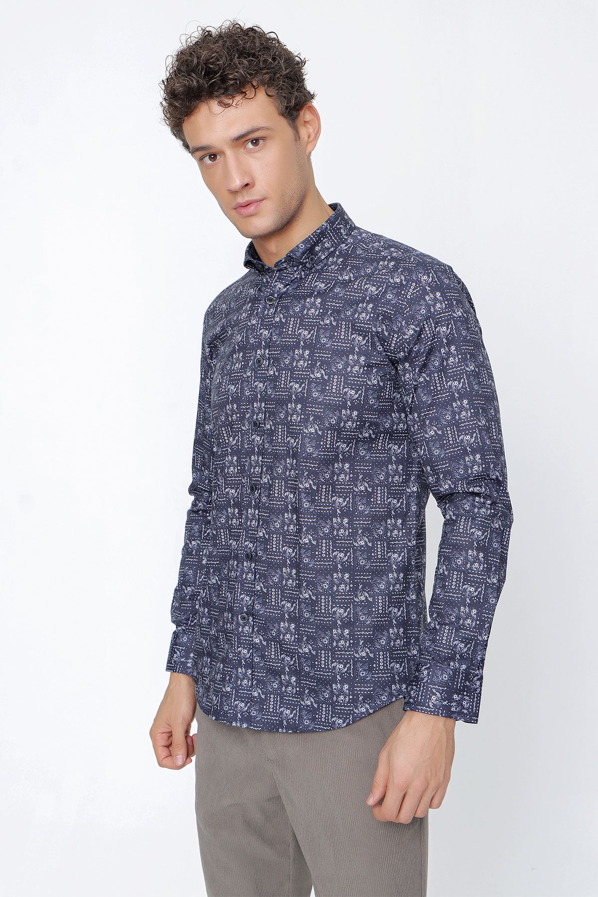 Slim-Fit Patterned Oxford Shirt - Navy