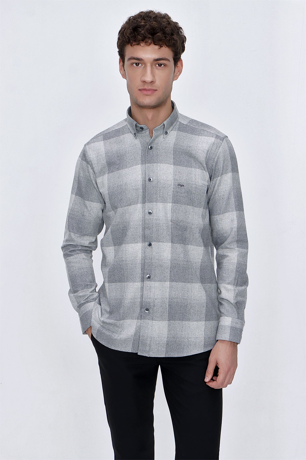 Comfort-Fit Check Oxford Shirt - Grey