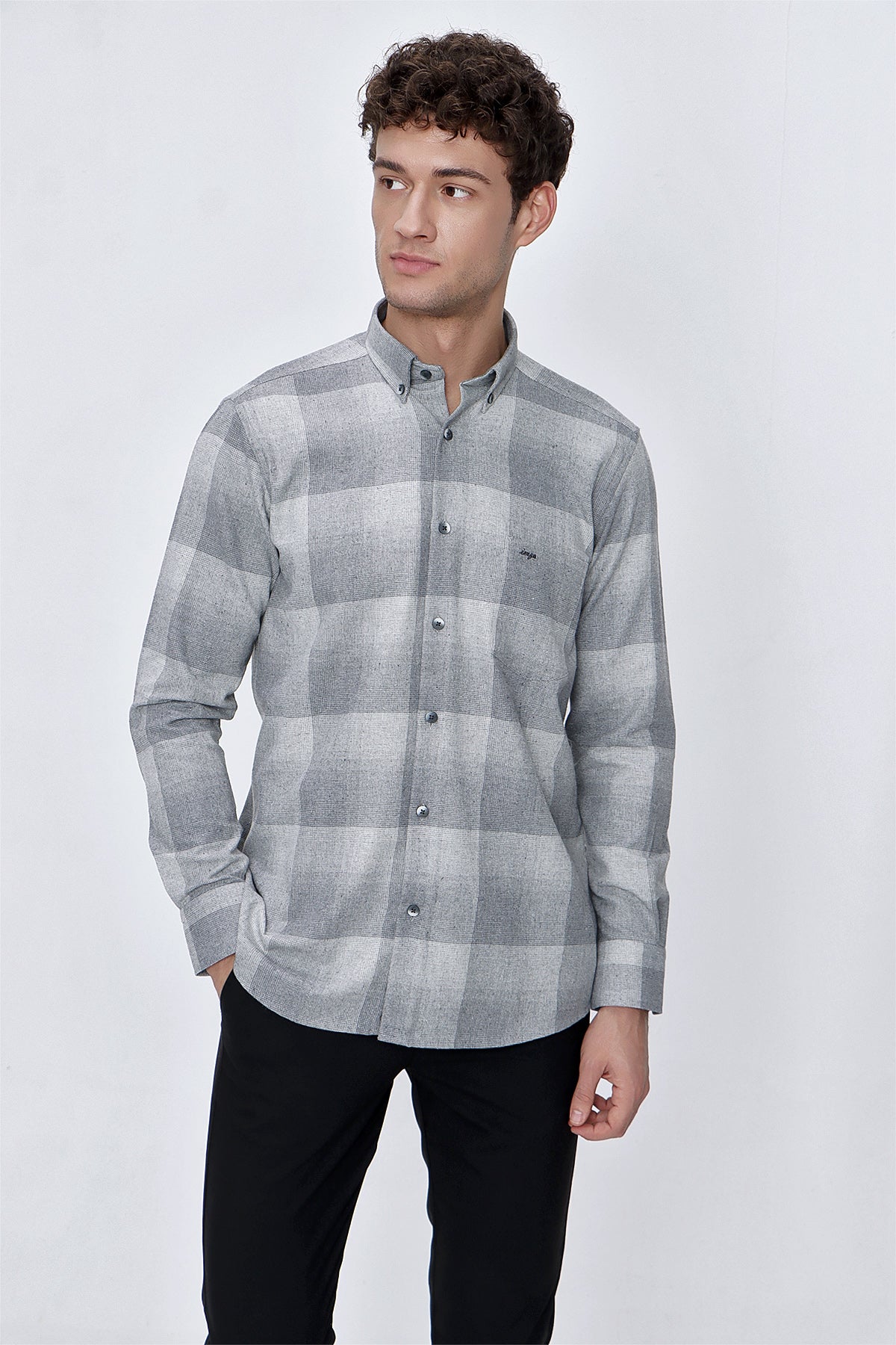 Comfort-Fit Check Oxford Shirt - Grey