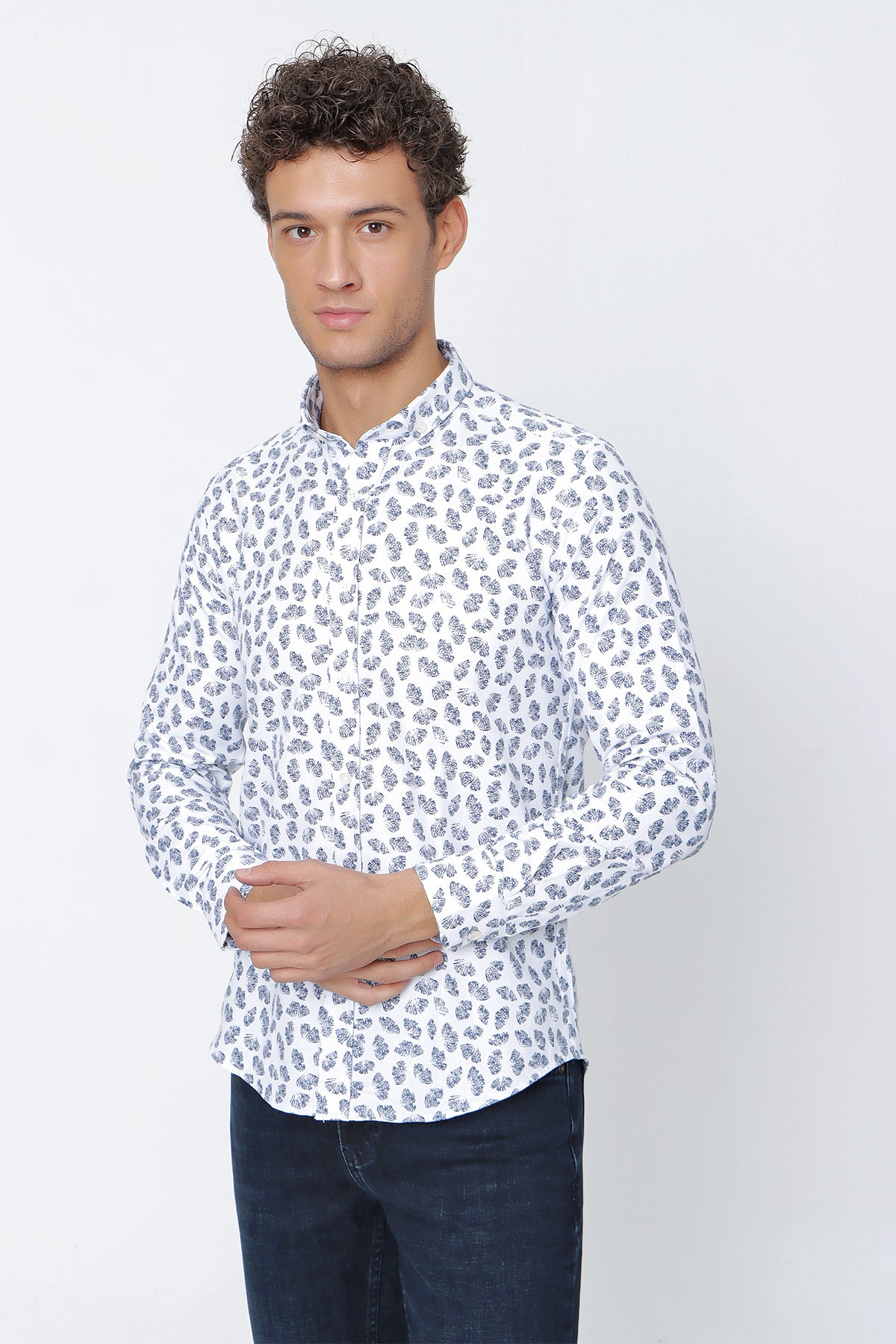 Slim-Fit Patterned Oxford Shirt - Navy