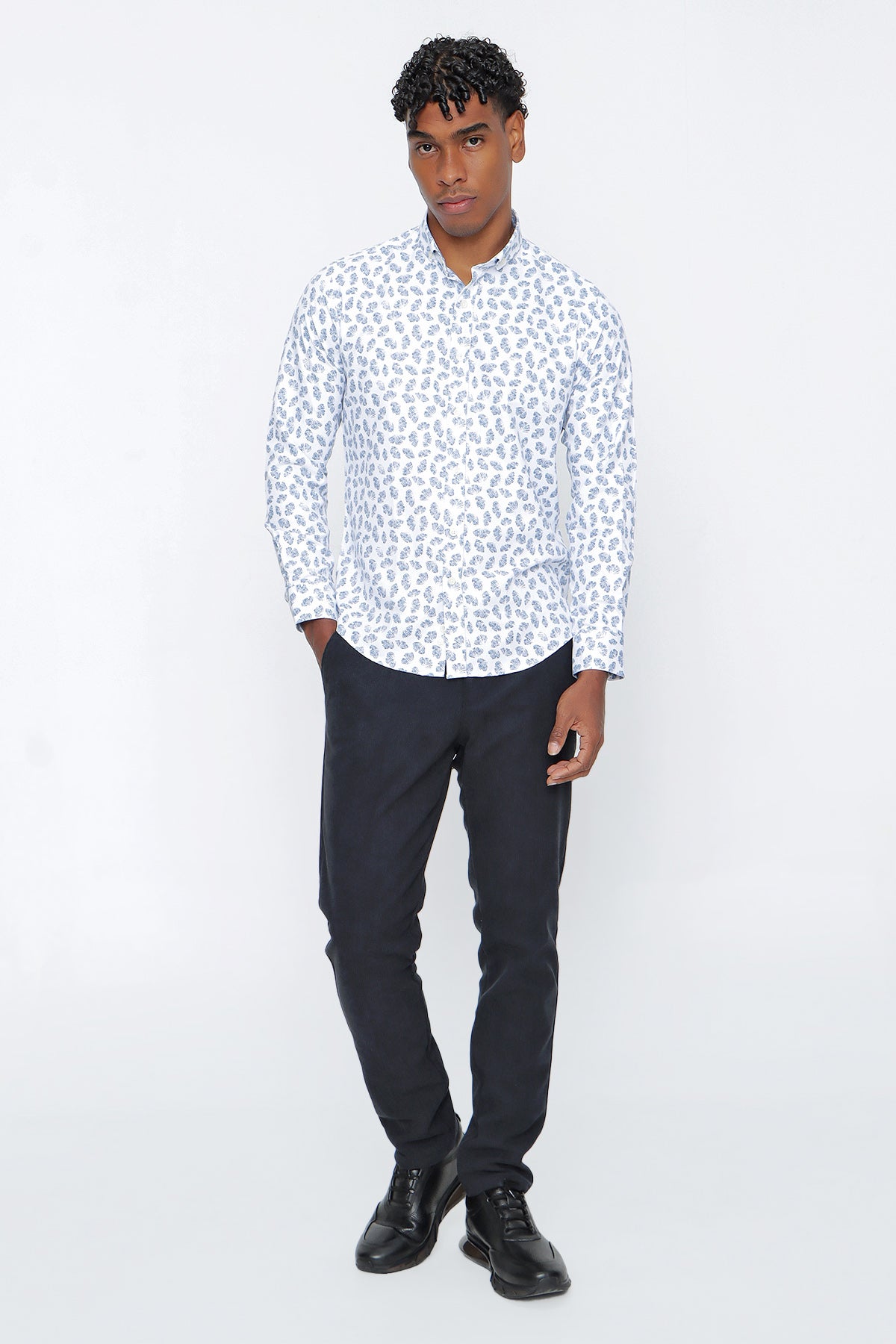 Slim-Fit Patterned Oxford Shirt - Blue