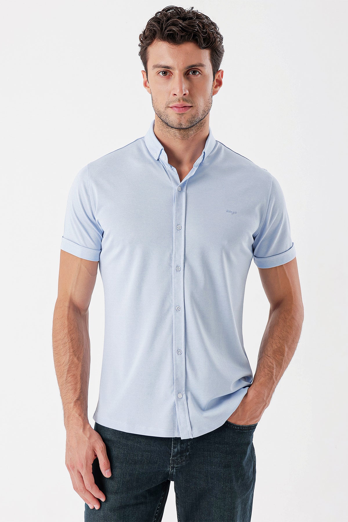 Slim-Fit Short Sleeve Oxford Shirt - Light Blue