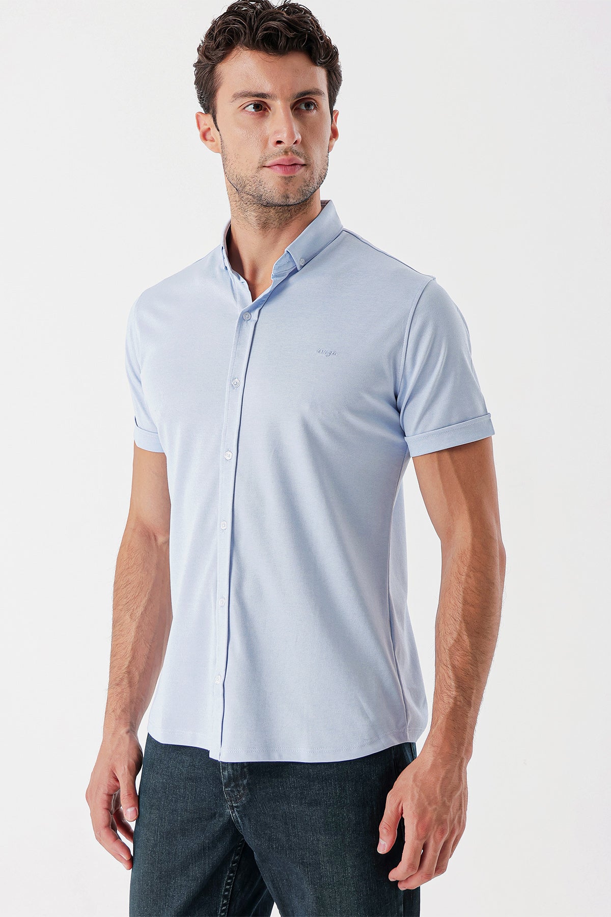 Slim-Fit Short Sleeve Oxford Shirt - Light Blue