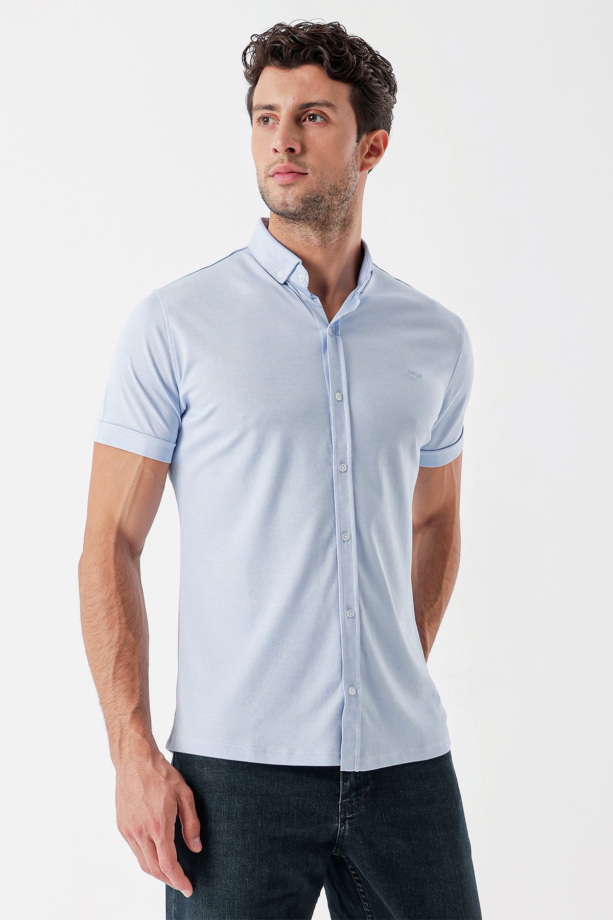 Slim-Fit Short Sleeve Oxford Shirt - Light Blue