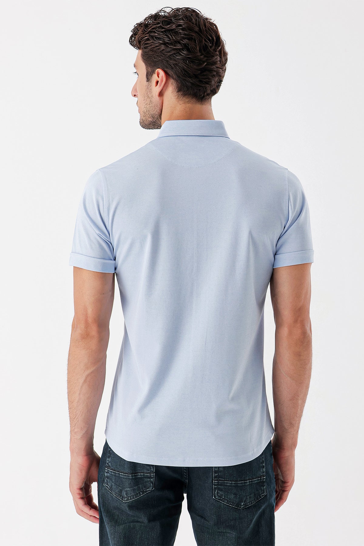 Slim-Fit Short Sleeve Oxford Shirt - Light Blue