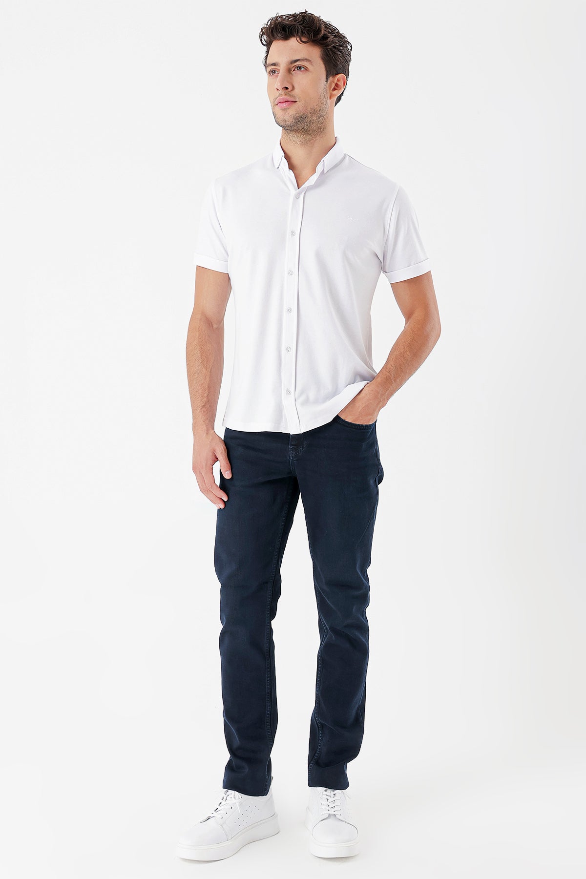 Slim-Fit Short Sleeve Oxford Shirt - White