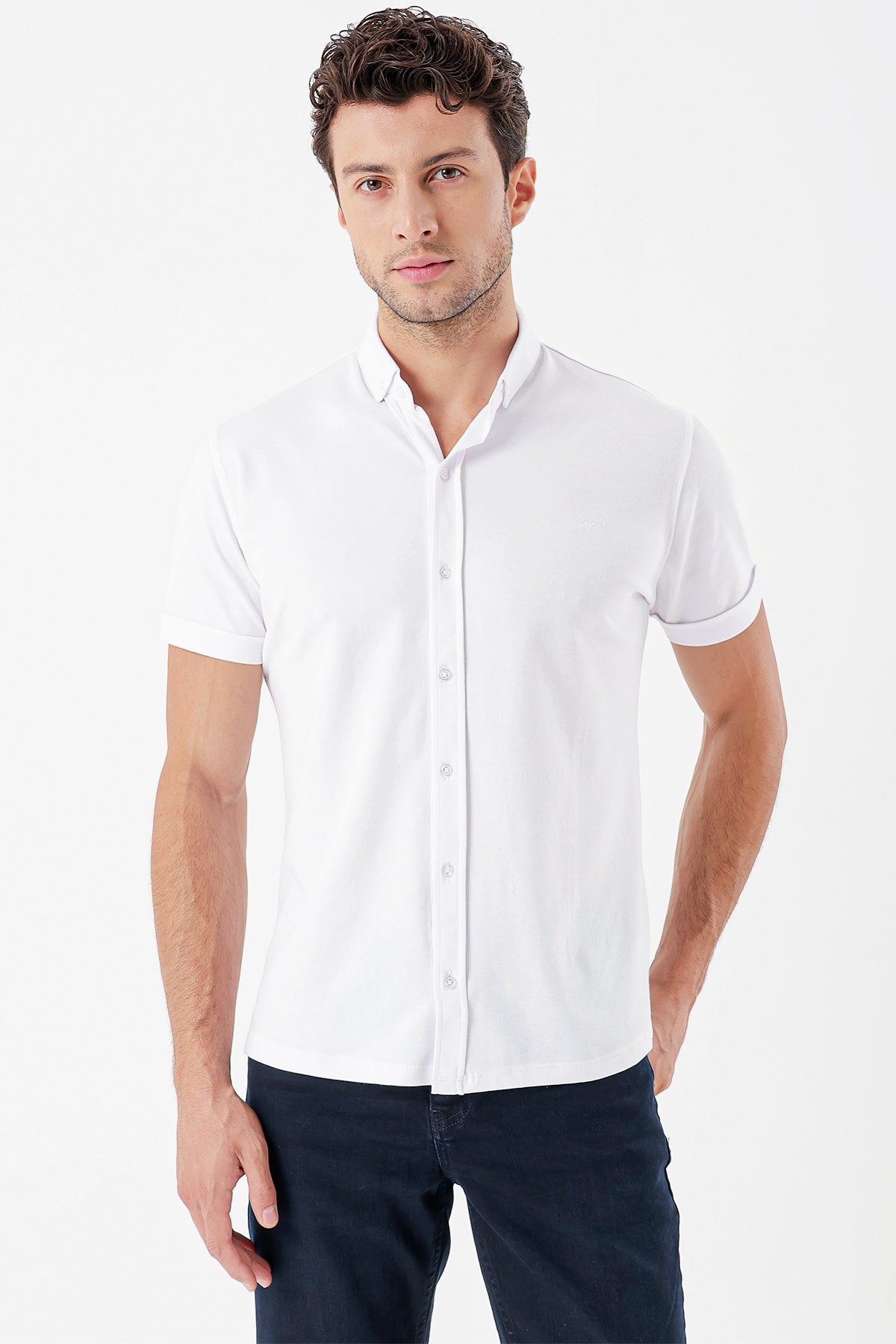 Slim-Fit Short Sleeve Oxford Shirt - White