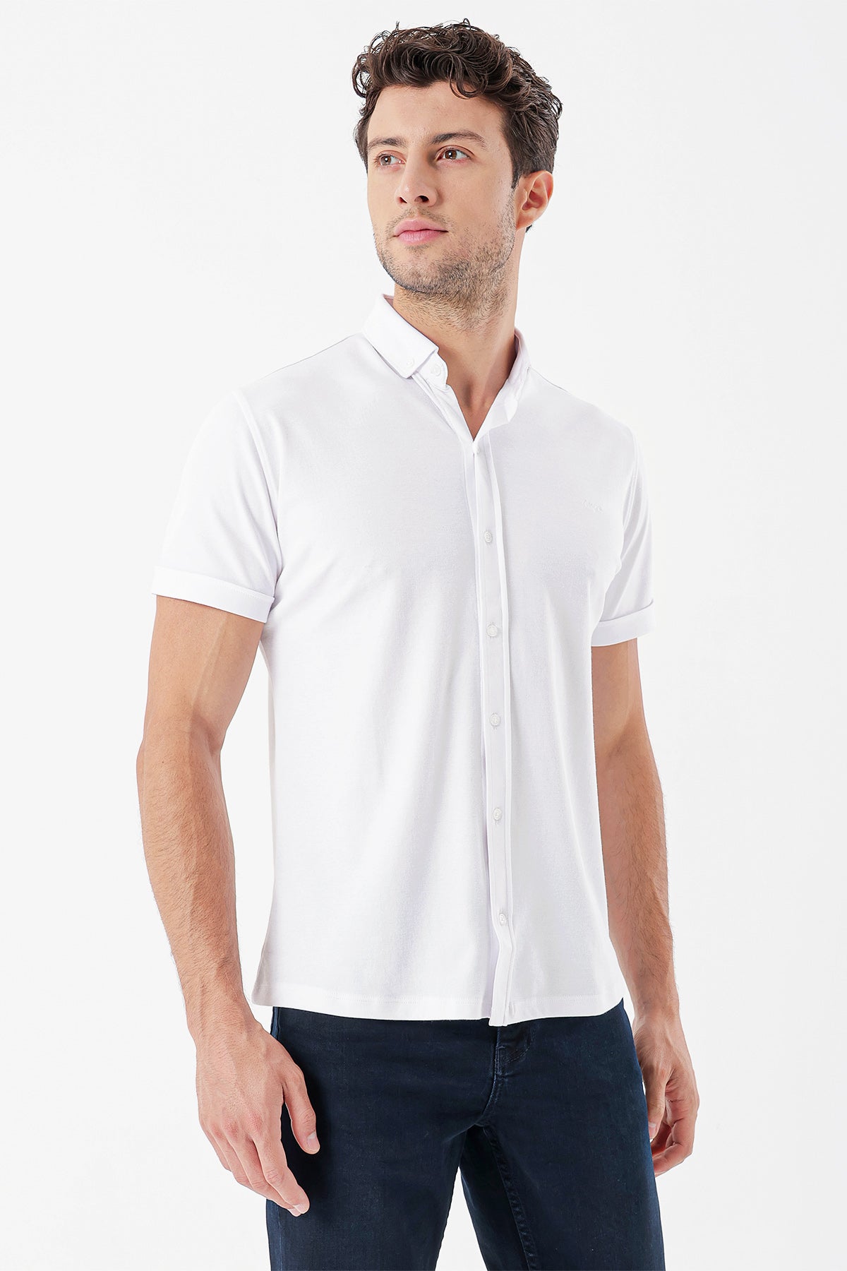 Slim-Fit Short Sleeve Oxford Shirt - White