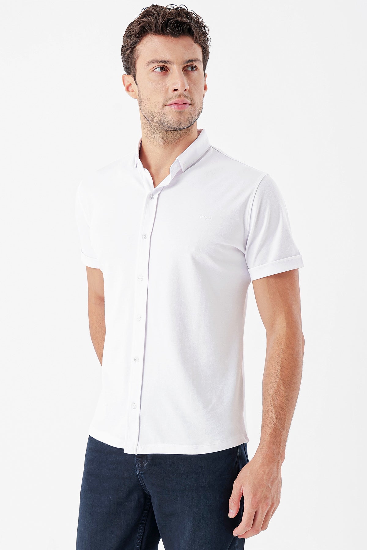 Slim-Fit Short Sleeve Oxford Shirt - White